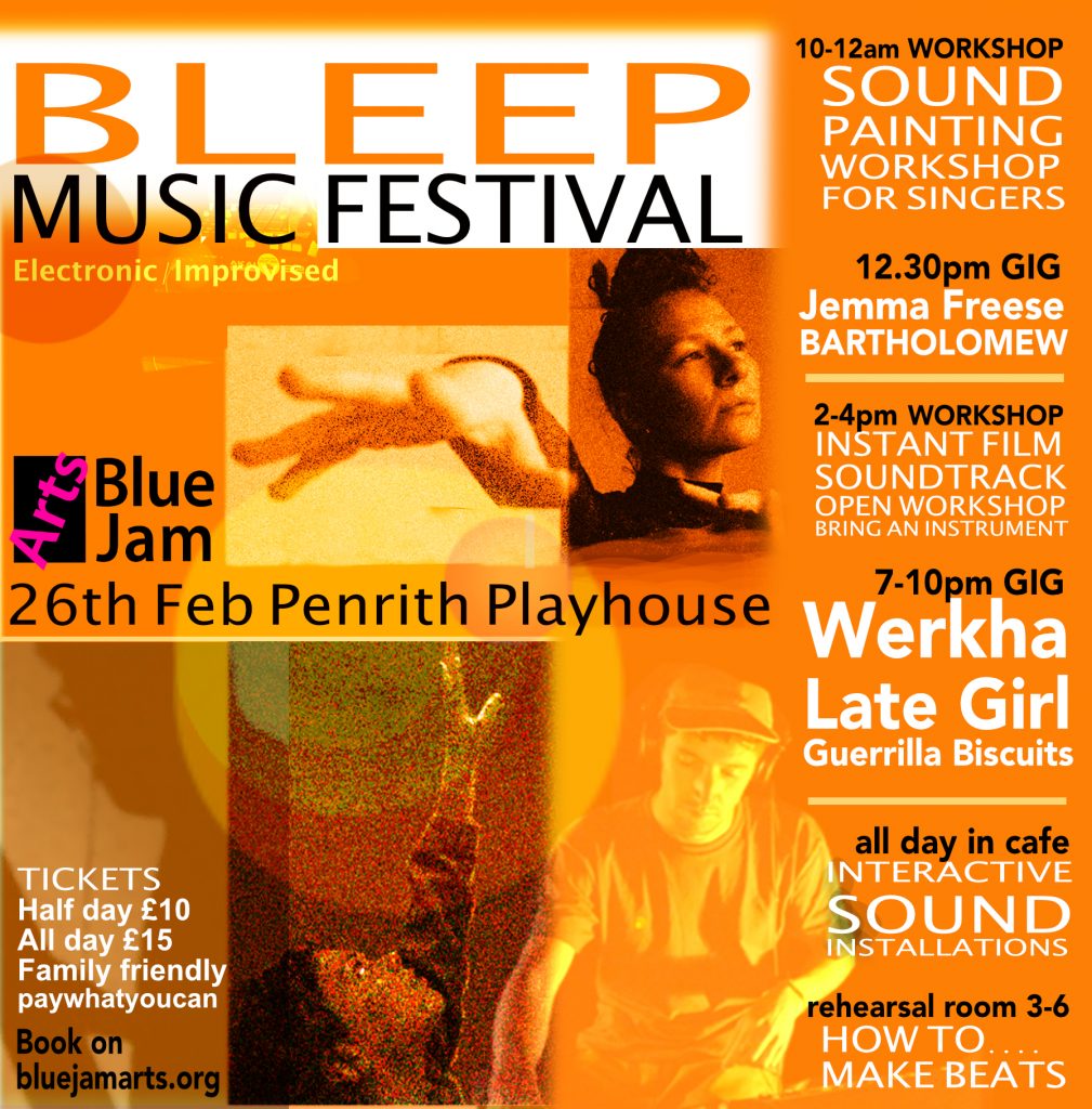 The poster for Bleep. It is orange with pictures of a series of electronic musicians with orange filters on top. It details the programme, which you can find below. 